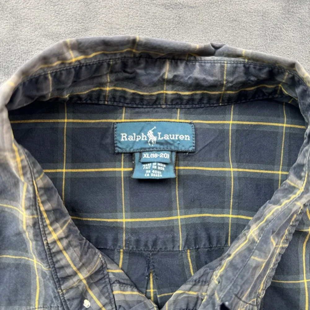 Ralph Lauren Boys XL 18-20 Plaid Button Down Shirt Navy Blue Yellow Red Pony